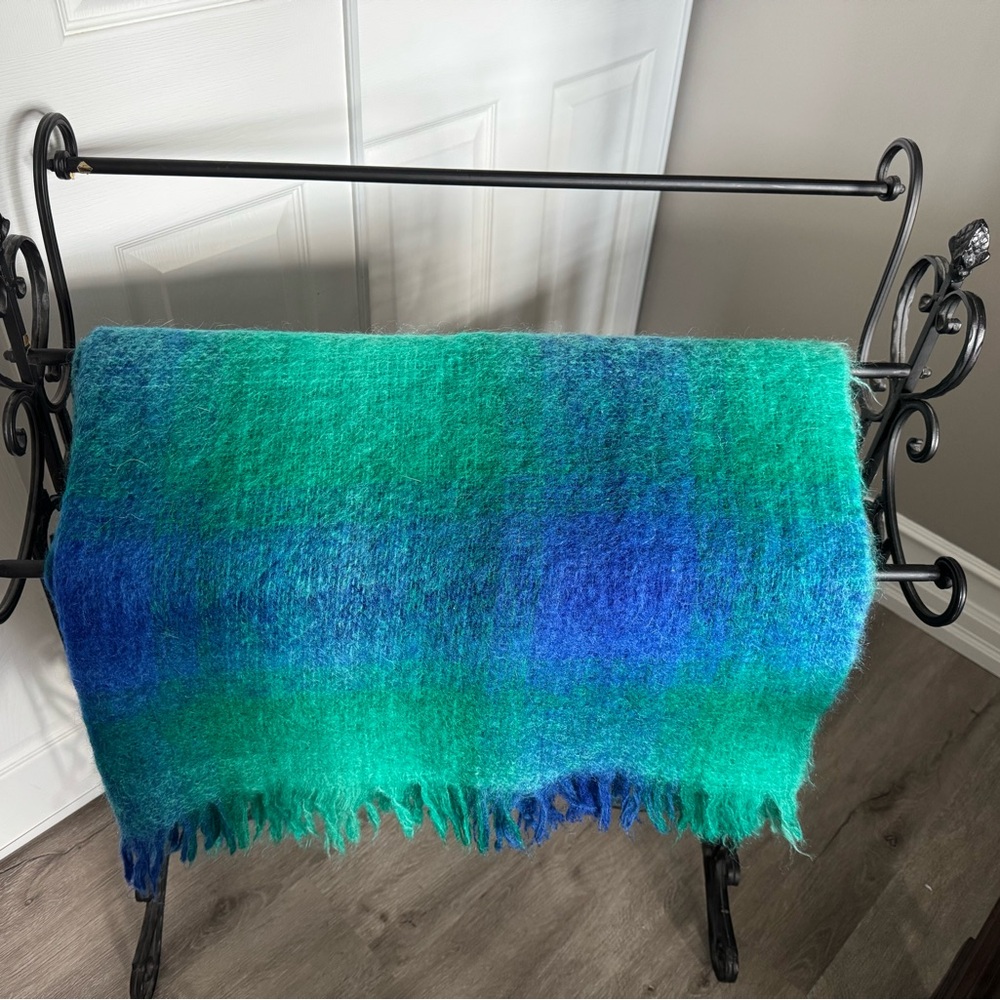 Made in Scotland Mohair and Wool Green and Blue Plaid Blanket - Picture 1 of 6